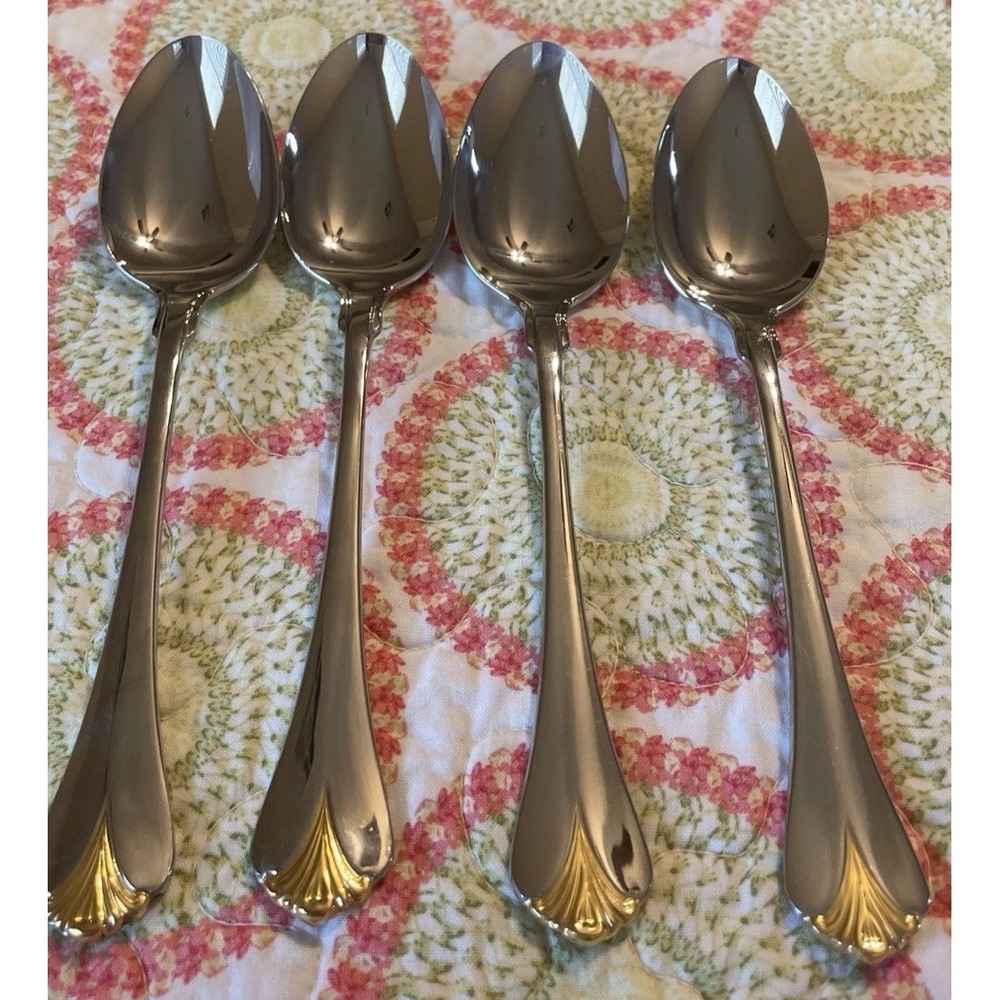 Yamazaki Cara Oval Soup Spoons Gold Accent Stainless Japan Flatware Set Of‎ 4